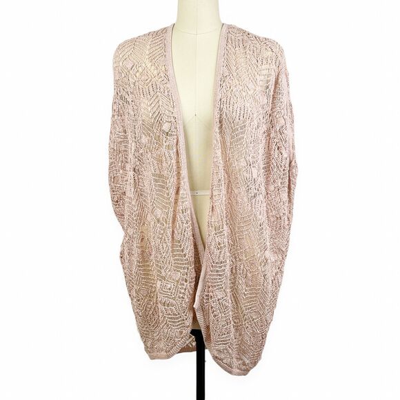 Chico's Travelers Lacey Stitch Cardigan Sweater Small Medium Pink Gold Metallic - Picture 3 of 6